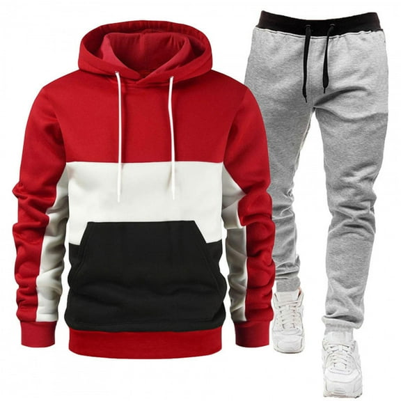 CCRFTGI Sweatsuits for Men Athletic 2 Piece Color block Hoodie and Sweatpants Set Causal Fall Sweatsuits Workout Fleece Sportswear Gym Sets Red XXL