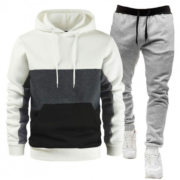 CCRFTGI Sweatsuits for Men Athletic 2 Piece Color block Hoodie and Sweatpants Set Causal Fall Sweatsuits Workout Fleece Sweat Suit Outfits White L