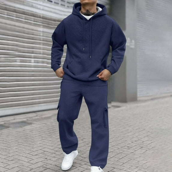 CCRFTGI Sweatsuits for Men Athletic 2 Piece Zip-Up Hoodie Jackets and Cargo Pants Causal Fall Track Suits Workout Fleece Sweat Suit Outfits Navy XL