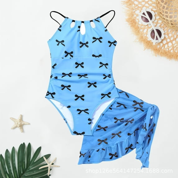 CCRFTGI Swimsuit for Kids Girls 10-12 Summer Adjustable Straps One Piece Swimsuit with Cover Up Skirt Bow Print Ruched Side Swimsuits Clothes for Teen Girls Bathing Suits Royal Blue 9-10 Years