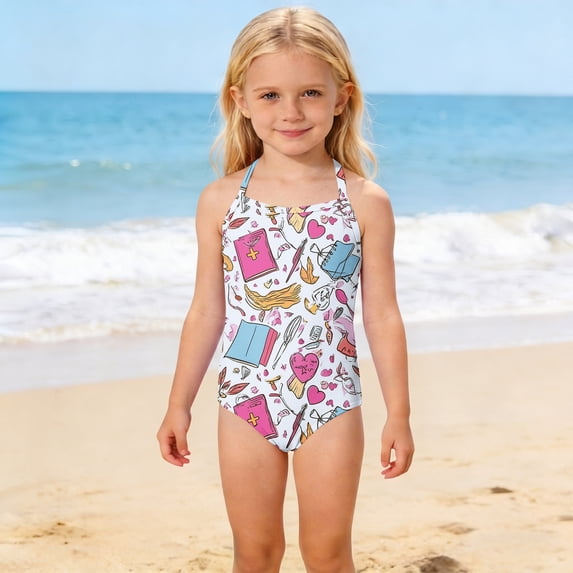 CCRFTGI Swimsuit for Kids Girls Size 10-12 Summer Adjustable Straps One Piece Bathing Suit Cute Beach Books Pens Tween Girls Trendy Clothes Bathing Suit Pink 5-6 Years