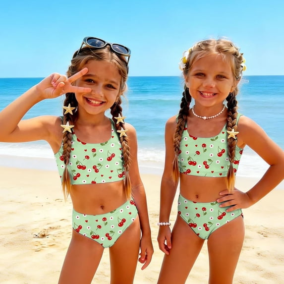 CCRFTGI Swimsuit for Kids Girls Size 7-8 Two Piece Sets Swimming Bikini Set Beach Holiday Bathing Suits Cute Summer Fruit Print Girls Fashion Tankini Swimsuits Swimwear Green 5-6 Years