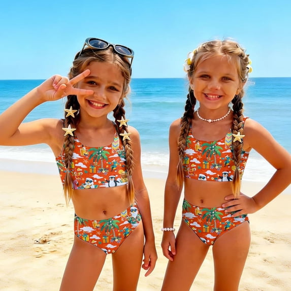 CCRFTGI Swimsuit for Kids Girls Size 7 Two Piece Sets Swim Vacation Bikini Set Beach Vacation Girls Bathing Suit Cute Summer Hawaiian Tropic Girls Fashion Swim Suit Kids Swimwear Yellow 2-3 Years