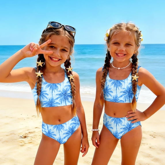CCRFTGI Swimsuits for Child Girls Size 10-12 2 Piece Set Swimming Bathing Suit Beach Vacation Hawaiian Tropic Girls Bikini Summer Cute Girls Fashion Swimsuits Swimwear Light Blue 1-2 Years