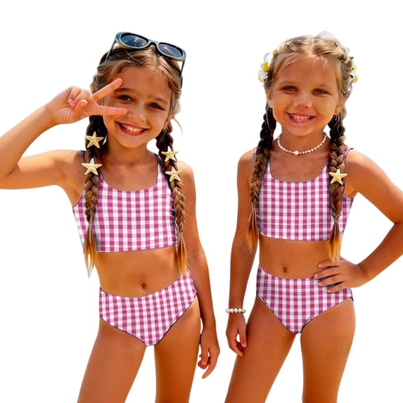 CCRFTGI Swimsuits for Child Girls Size 6-7 Two Piece Sets Swimming Bathing Suits Beach Holiday Plaid Bikinis Summer Cute Girls Fashion Swim Suit Kids Bikini Hot Pink 2-3 Years