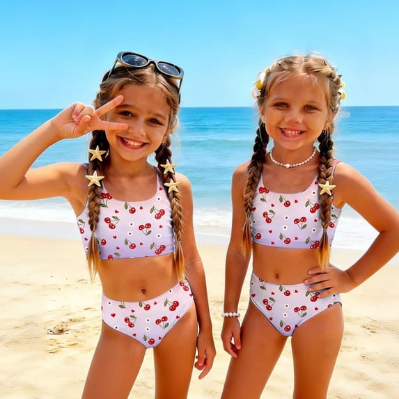 CCRFTGI Swimsuits for Child Girls Size 6-7 Two Piece Sets Swimming Bikini Set Beach Vacation Girls Bathing Suit Cute Summer Fruit Print Girls Fashion Swim Suit Kids Swimwear Purple 5-6 Years