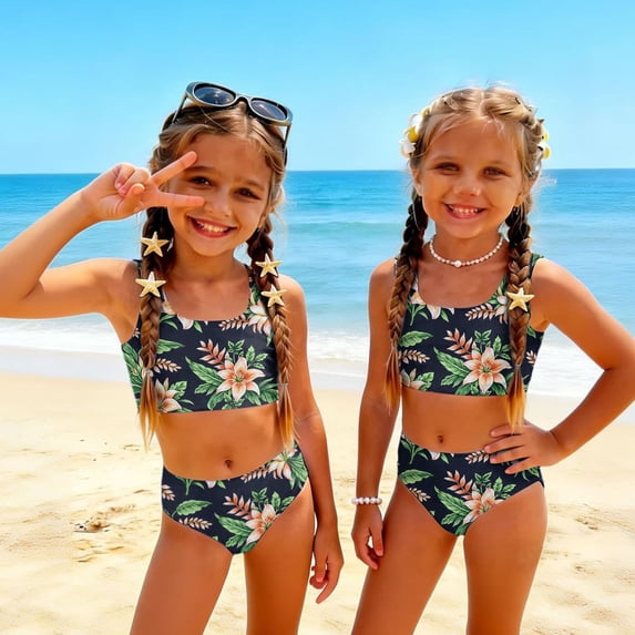 CCRFTGI Swimsuits for Child Girls Size 6-7 Two Piece Sets Swimming Girls Bathing Suit Beach Vacation Hawaiian Tropic Bikinis Cute Summer Girls Clothes Swimsuits Swimwear Green 9-10 Years