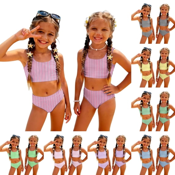 CCRFTGI Swimsuits for Child Girls Size 7 Two Piece Sets Swim Vacation Bathing Suits Beach Holiday Striped Bikini Set Cute Summer Girls Clothes Swim Suit Kids Bikini Hot Pink 2-3 Years