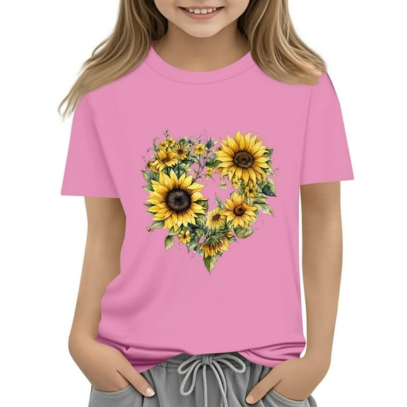 CCRFTGI T Shirt for Girls Casual Fashion Crewneck T Shirts 2025 Summer Pink Shirts Sunflower Print Short Sleeve T Shirt,Pink 14-15 Years