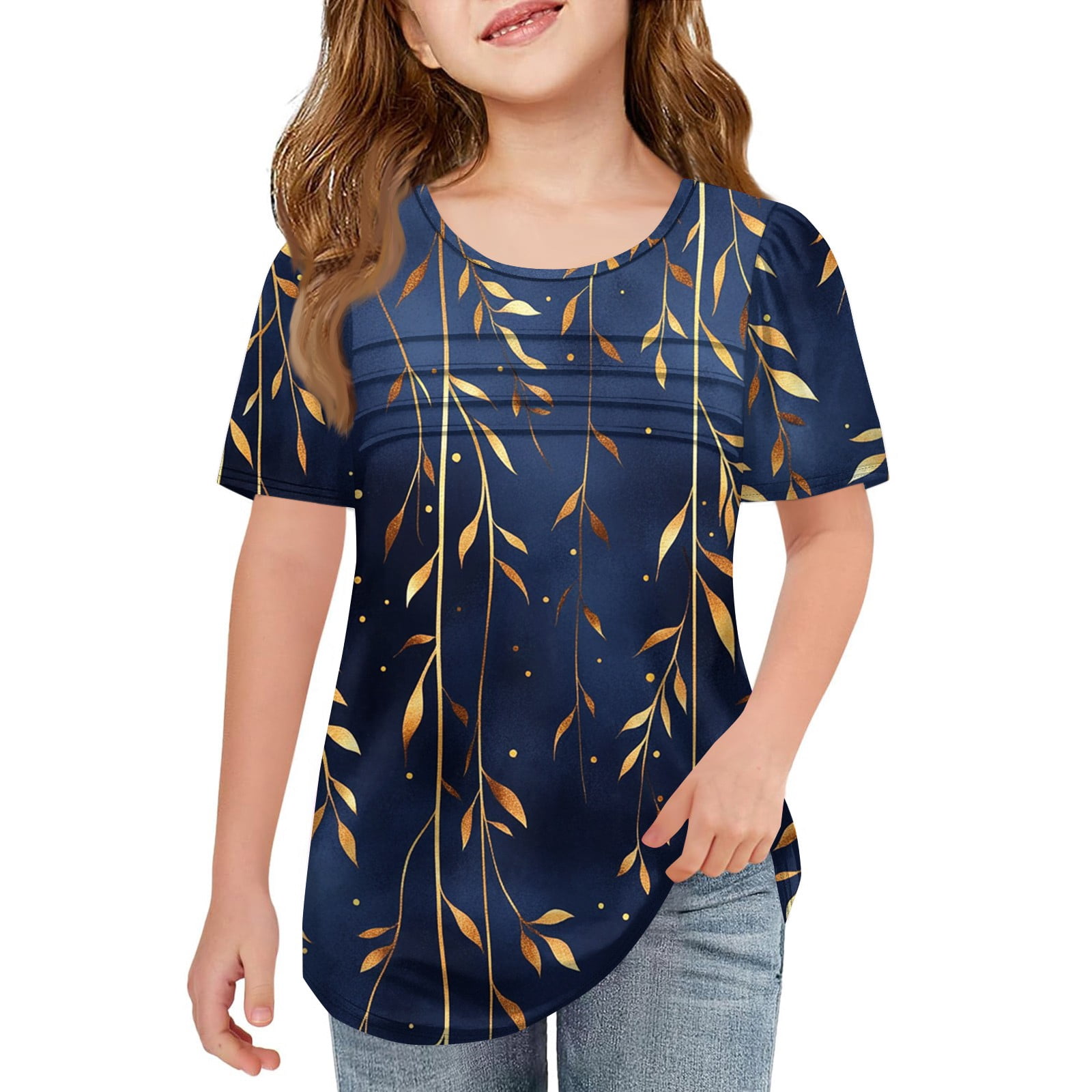 Girls Printed Navy Blue Cotton Regular Fit T-Shirts