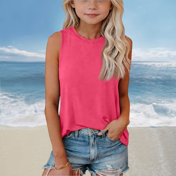 CCRFTGI Tank Tops for Girls Size 10-12 Sleeveless Summer Casual Girls Fashion Camisole Tops Comdy Loose Fit Crew Neck Tops Shirts Vermilion 12-13 Years