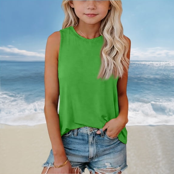 CCRFTGI Tank Tops for Girls Size 7-8 Sleeveless Summer Casual Girls Fashion Camisole Tops Soft Lightweight Loose Fit Crew Neck Tops Shirts Light Green 12-13 Years