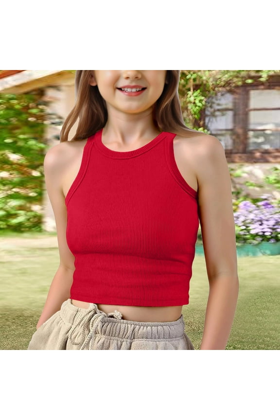 Tank Tops for Kids Girls Size 10-12 Dance Ribbed Casual Seamless Sports Bra Trendy Racerback Dance Top Red 9-10 Years