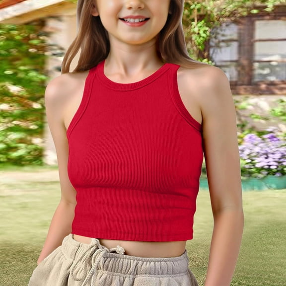 CCRFTGI Tank Tops for Kids Girls Size 10-12 Dance Ribbed Casual Seamless Sports Bra Trendy Racerback Dance Top Red 9-10 Years