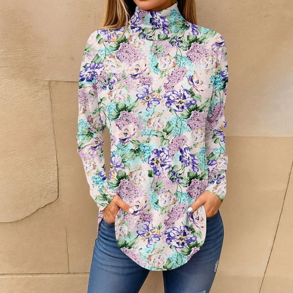 CCRFTGI Tops for Women Trendy Turtle Necks Fashion Long Sleeve Pullover Vacation Vintage Floral Print Side Split Shirts Dressy Casual Fall Tops Pink XL