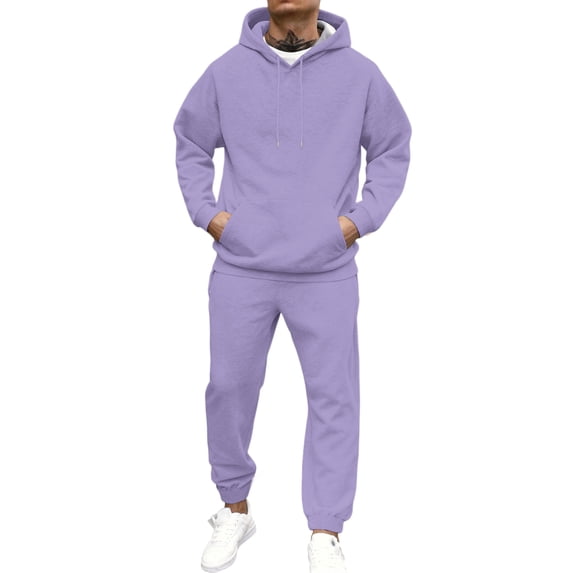 CCRFTGI Track Suits Mens Athletic 2 Piece Solid Color Hoodie and Sweatpants Set Soft Fall Track Suits Workout Fleece Sportswear Gym Sets Purple XXL