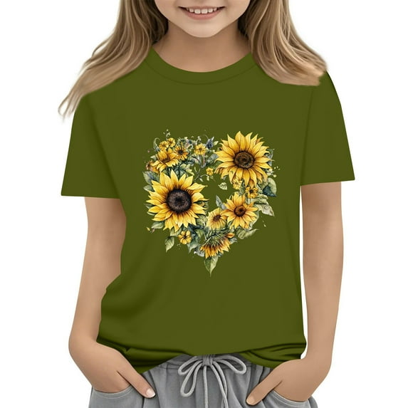 CCRFTGI Tshirt for Teen Girls Casual Fashion T Shirts Crewneck Dark Green Tshirt 2025 Summer Sunflower Print Short Sleeve Shirts,Dark Green 14-15 Years
