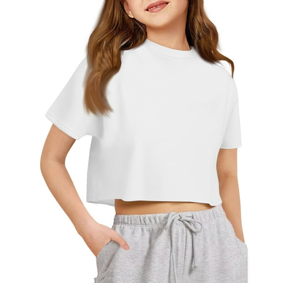 CCRFTGI Tshirt for Girls Casual Crop Top 2025 Summer Short Sleeve Plain T Shirts White Crewneck T Shirt,White 9-10 Years