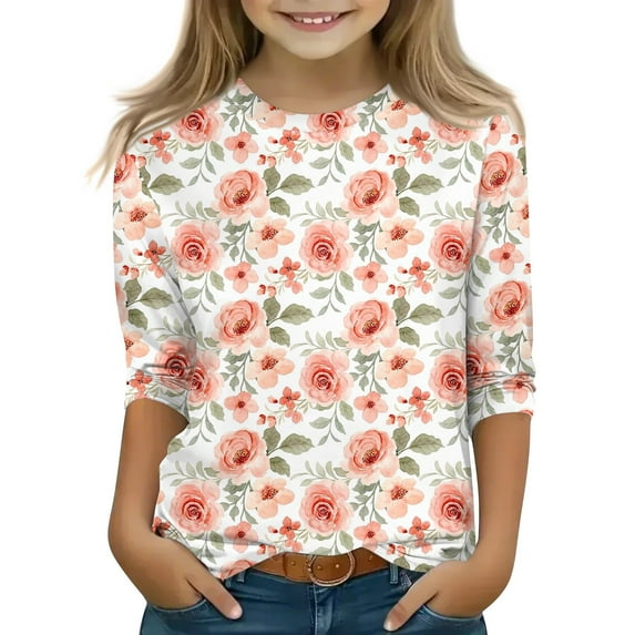 CCRFTGI Tween Tops Size 15-16 Floral Graphic 3/4 Sleeve Tween Girls Tops Basic Crewneck Shirts Fall Size 12 Girls Clothes Watermelon Red 15-16 Years