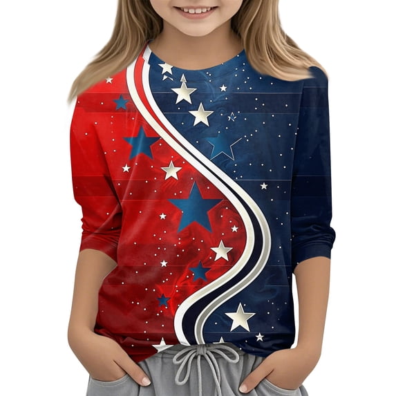 CCRFTGI USA Flag Shirts for Child Girls Size 6-7 4th Of July Cute Tops 3/4 Sleeve Round Neck Independence Day American Flag Stars Tee Red White and Blue Summer Tops Tee Tops Dark Blue 3-4 Years