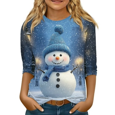 CCRFTGI Ugly Christmas Girls 3/4 Sleeve Shirts Fall Cute 3D Christmas Snowman Printed Basic Shirts Size 5-6 Kids Crewneck Tshirts Trendy Girls Tops Tween Girls Clothes Blue 5-6 Years