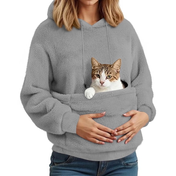 CCRFTGI Unisex Cat Pouch Hoodie Fuzzy Kangaroo Animal Holder Sweatshirt Fleece Dog Carrier Hoodie Warm Dog Carrier Sweatshirt Gray XXL