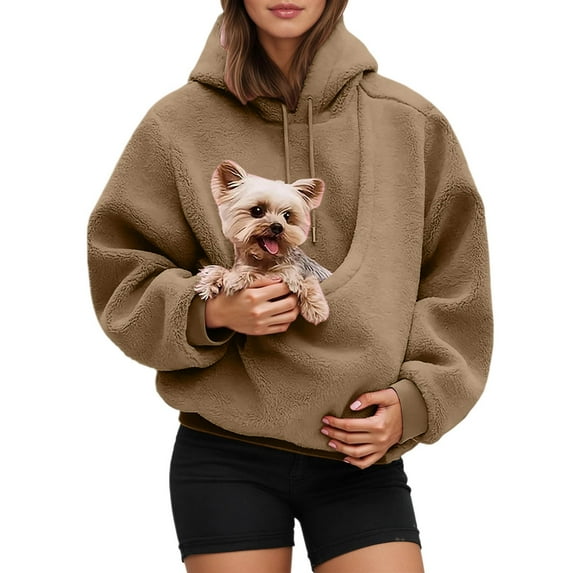 CCRFTGI Unisex Pet Carrier Hoodie Fuzzy Kangaroo Puppy Kitten Holder Hoodie Fleece Cat Carrying Hoodie Warm Dog Carrying Sweatshirt Light Brown XL