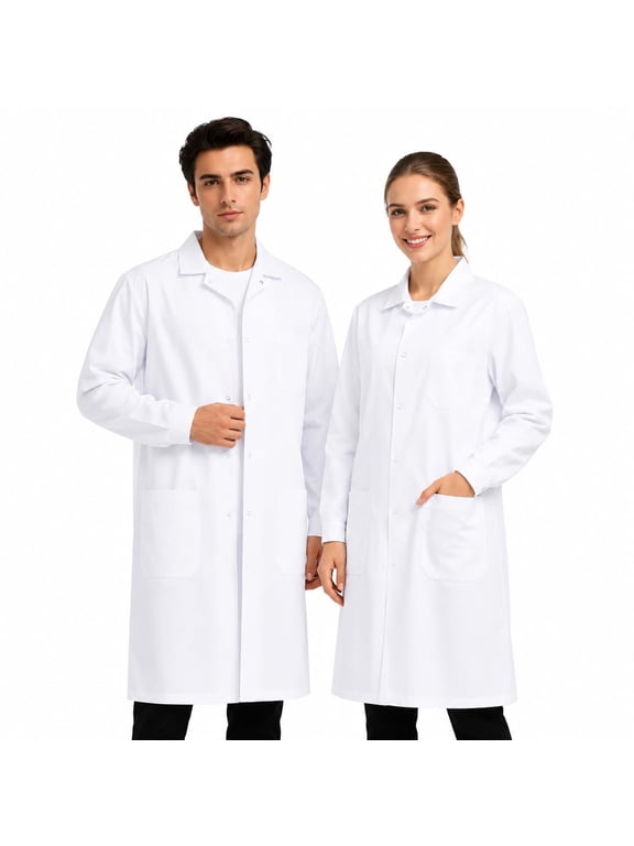 Unisex White Lab Coat Relaxed Fit Long Sleeve Button Front 3 Pockets Healthcare Laboratory Medical Uniform White L