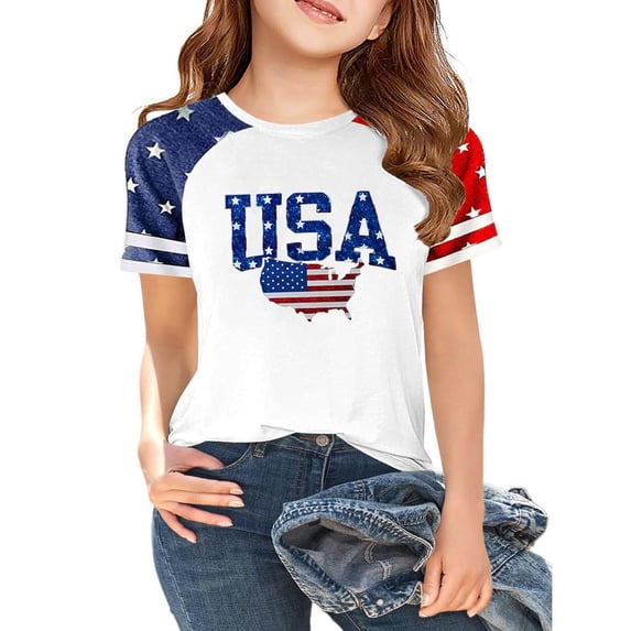 CCRFTGI Usa Flag Shirts for Child Girls Size 10-12 Patriotic Freedom 4th Of July 250 Anniversary USA Flag Tshirt Red White and Blue Summer Tops Festival Tee Tops Sky Blue 11-12 Years