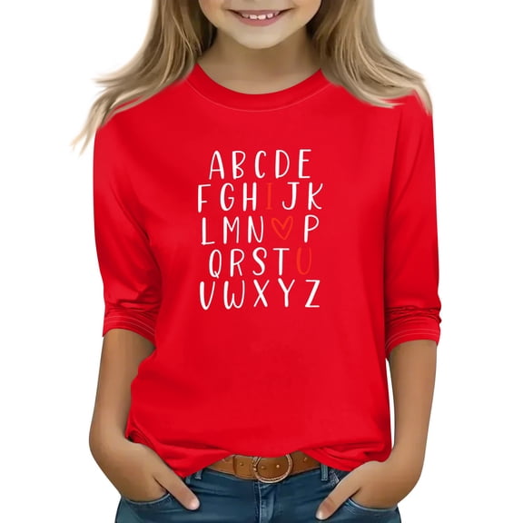 CCRFTGI Valentine's Day 3/4 Length Sleeve Girls Tops Size 6 Funny Love Letter Print T Shirts Trendy Crewneck Tshirts Casual Fall Spring Gifts for Girls Watermelon Red 9-10Y