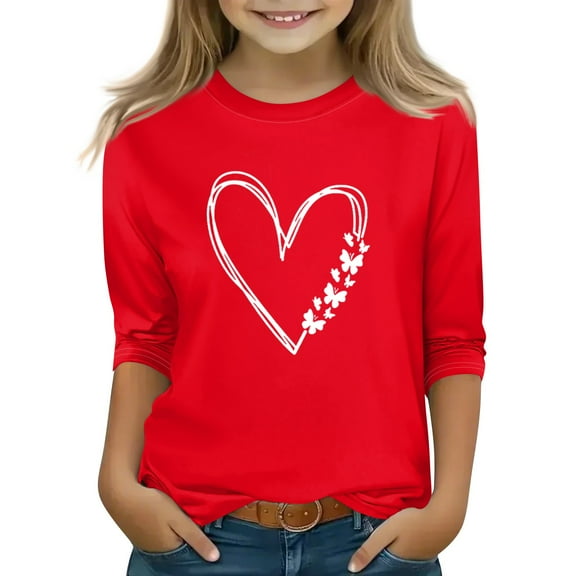 CCRFTGI Valentine's Day 3/4 Length Sleeve Girls Tops Size 7-8 Funny Love Heart Print T Shirts Girls Fashion Round Neck Tshirts Casual Fall Spring Gifts for Girls Red 4-5Y