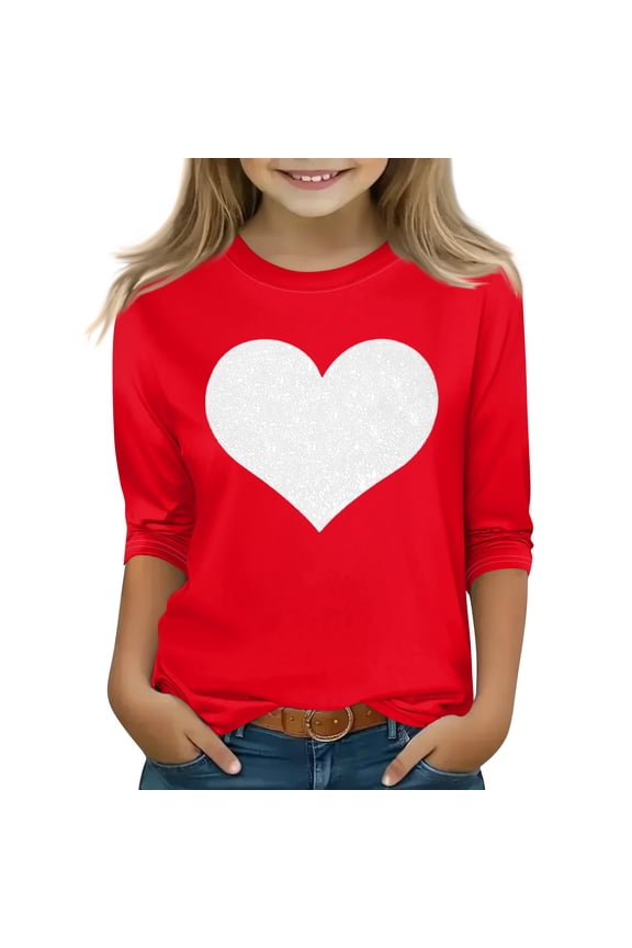 Valentine's Day 3/4 Length Sleeve Shirts for Girls Size 10-12 Funny Love Heart Print T-Shirt Girls Fashion Crew Neck Shirts Soft Fall Winter Gifts for Girls Pink 9-10Y