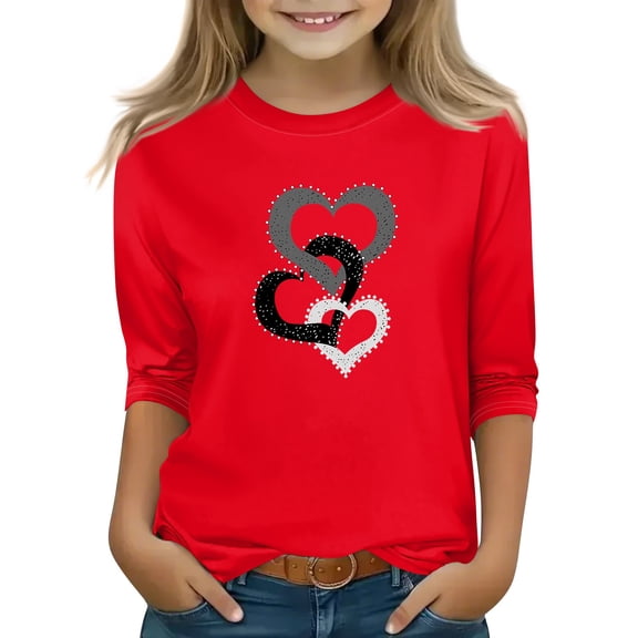 CCRFTGI Valentine's Day Girls Tops Size 7-8 3/4 Length Sleeve Funny Love Heart Print T-Shirt Holiday Round Neck Tshirts Casual Fall Spring Gifts for Girls Light Gray 4-5Y