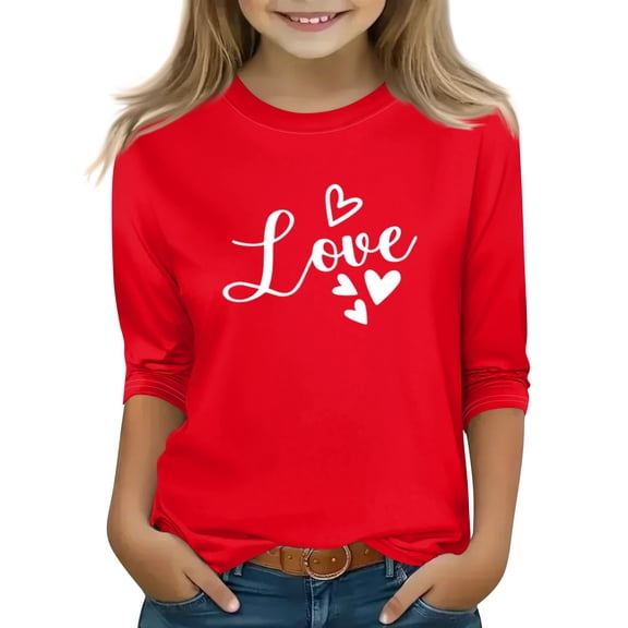 CCRFTGI Valentines 3/4 Sleeve Girls Tops 10-12 Funny Love Heart Print T Shirts Trendy Crew Neck Tshirts Soft Spring Day Gifts for Girls Wine 6-7Y