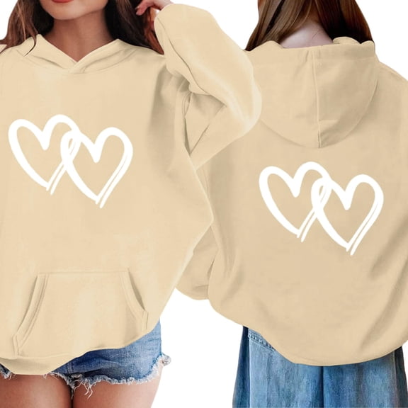 CCRFTGI Valentines Girls Hoodies Funny Love Heart Print Hooded Sweatshirt Loose Fit Long Sleeve Hoodies Cute Fall Pullover Tops Beige 5-6Y