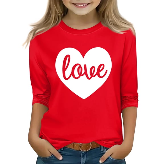 CCRFTGI Valentines Girls Tops Size 7 3/4 Length Sleeve Funny Love Heart Print T Shirts Trendy Crewneck Tshirts Soft Fall Spring Outfit Clear 8-9Y