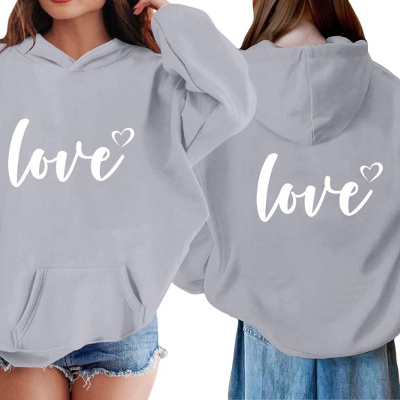 CCRFTGI Valentines Hoodies for Girls 10-12 Fashion Love Letter Print Hooded Sweatshirt Oversized Long Sleeve Hoodies Soft Fall Winter Pullover Tops Gray 12-13Y