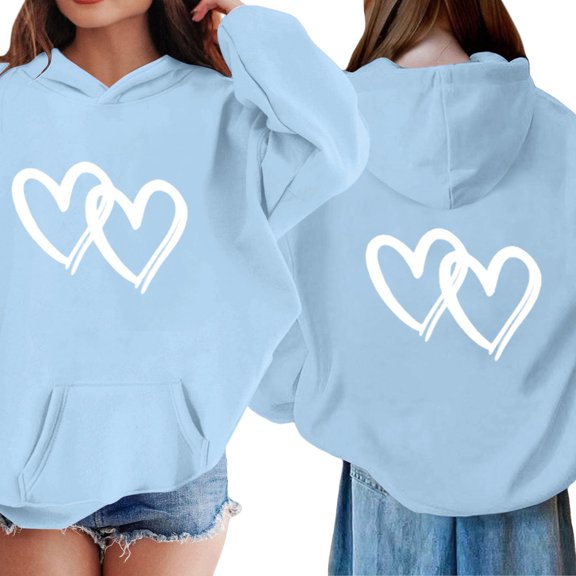 CCRFTGI Valentines Hoodies for Girls Cute Love Heart Print Pullover Hoodie Oversized Long Sleeve Hoodies Soft Fall Pullover Hoodie Light Blue 12-13Y