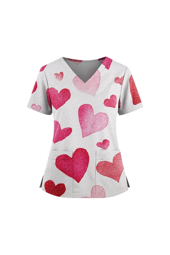 Valentines Scrubs for Women Funny Love Heart Print Nurse Uniforms Trendy V-Neck Scrub Shirt Party Short Sleeve Medical Workwear with Pockets White L