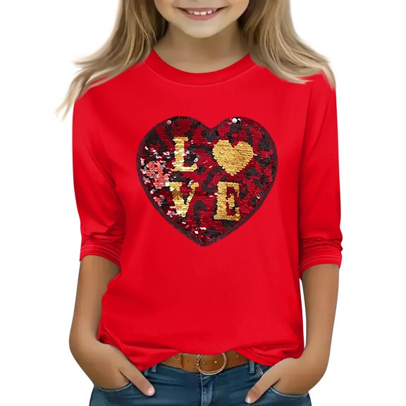 CCRFTGI Valentines Shirts for Girls Size 10-12 3/4 Sleeve Funny Love Heart Print T Shirts Trendy Crewneck Tee Shirts Soft Spring Day Outfit Gold 8-9Y