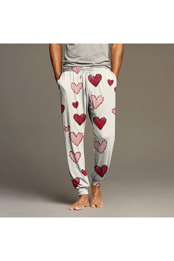 Valentines pajama pants for men Soft big and tall Love Heart Print Pj Pants Loose Elastic Waist Pajamas Pants Holiday Fall Winter PJ Bottoms with pockets Deep Red XXL