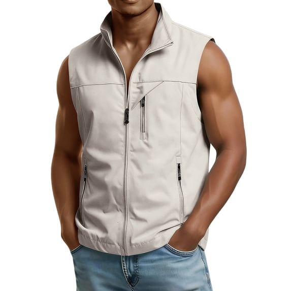 CCRFTGI Vest for Men Golf Lightweight Outdoor Sleeveless Windproof Running Softshell Zip Up Jacket With Multi-Pockets Hiking Sports Travel Waterproof Windbreaker Vest Beige S