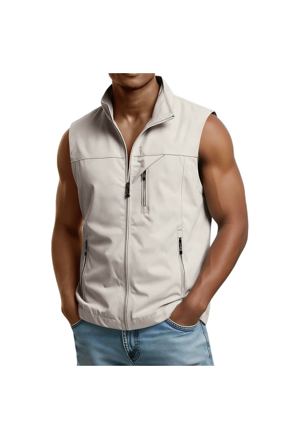 Vest for Men Golf Lightweight Outdoor Sleeveless Windproof Running Softshell Zip Up Jacket With Multi-Pockets Hiking Sports Travel Waterproof Windbreaker Vest Beige XL