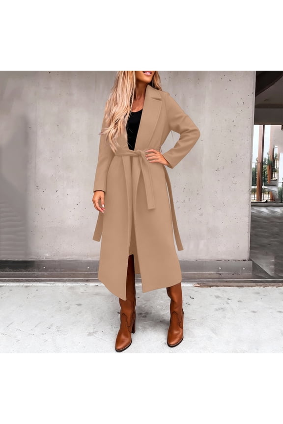 Winter Coats for Women Casual Belted Wool Trench Mid Long Pea Coats Trendy Lapel Collar Coat Winter Overcoat with Belt Camel 2XL