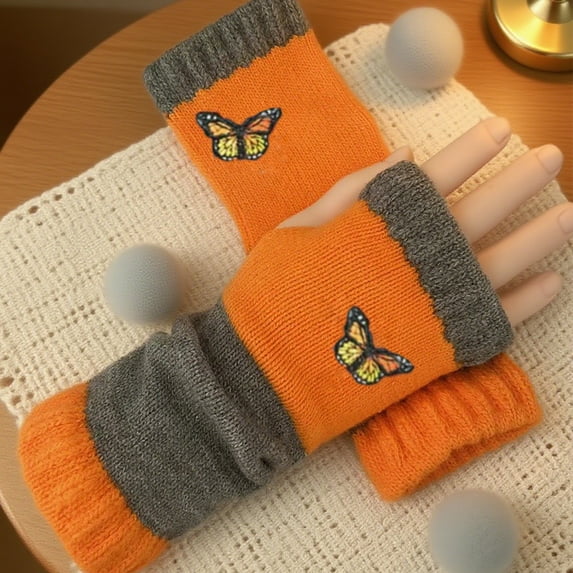 CCRFTGI Winter Gloves Women Cute Fingerless Gloves Butterfly Warm Patchwork Vintage Knitted Design Cold Weather Saffron