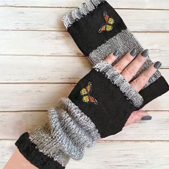 CCRFTGI Winter Gloves Women Fashion Fingerless Gloves Butterfly Cozy Patchwork Vintage Knitted Design Cold Weather Black