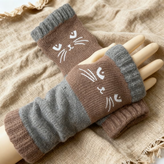 CCRFTGI Winter Gloves Women Fashion Fingerless Gloves cat Warm Patchwork Vintage Knitted Design Cold Weather Khaki