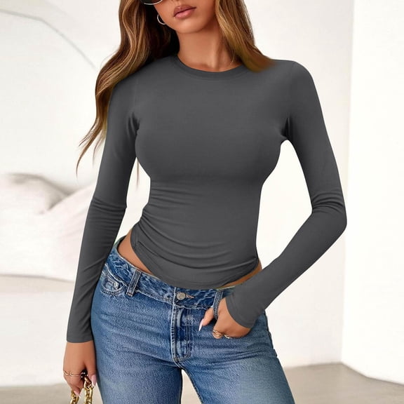 CCRFTGI Women's Tops, Tees & Blouses Trendy Cute Crop Tee Crew Neck Going Out T-Shirts Slim Fit Fall Winter Tops Dark Gray XL