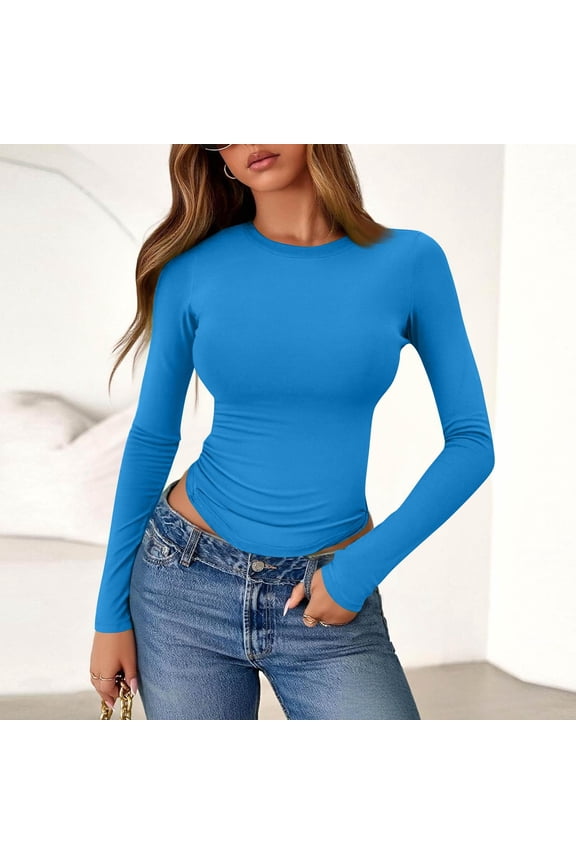 Women's Tops, Tees & Blouses Trendy Y2k Crop Outfits Crewneck Fitted T-Shirts Slim Fit Fall Winter Clothes Sky Blue M