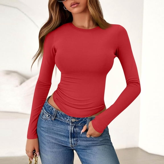 CCRFTGI Women's Tops, Tees & Blouses Trendy Y2k Crop Tee Crewneck Fitted Layering Shirt Tight Spring Day Tops Red L